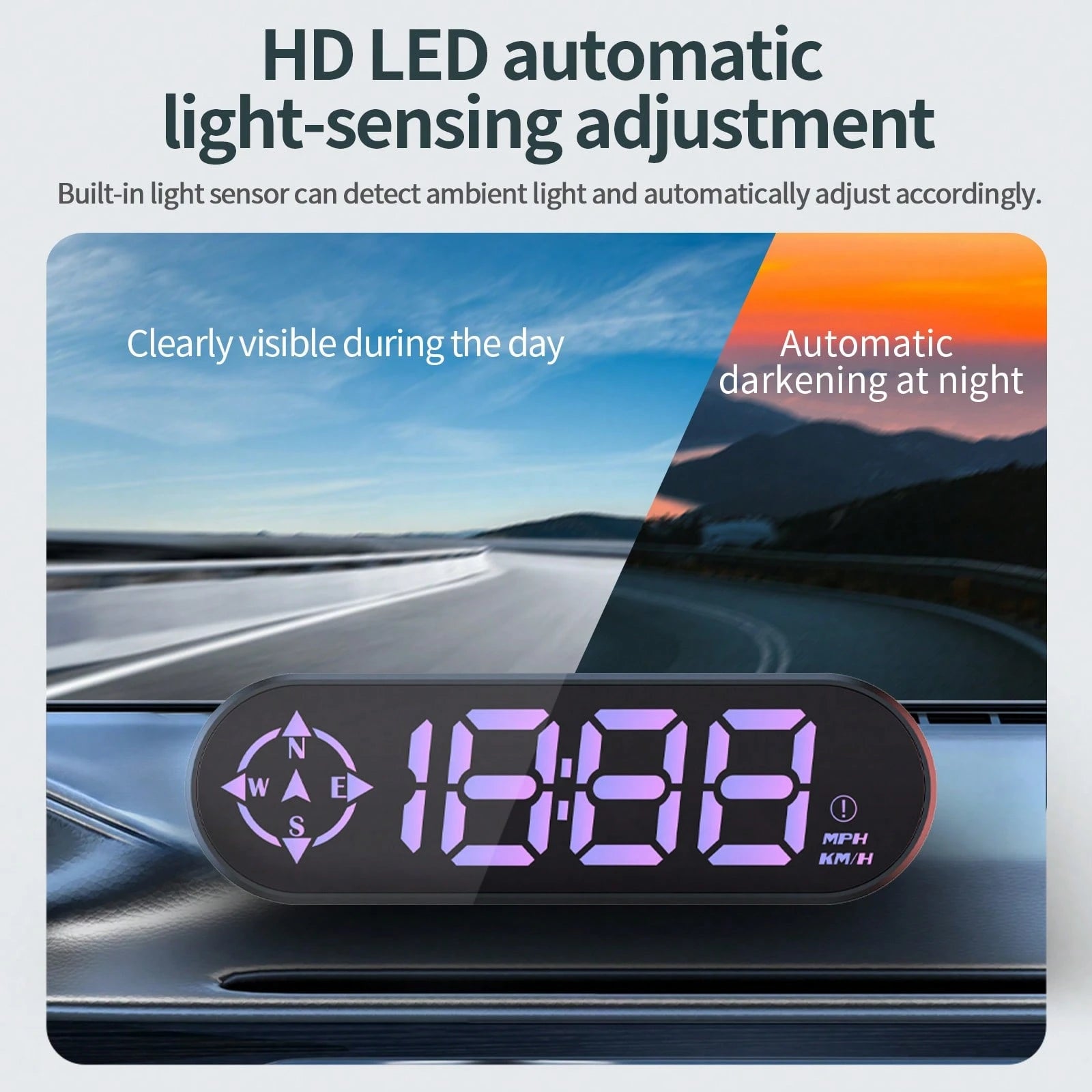 YNF GPS Head-Up Display Car Speedometer, Smart Digital Speedometer With KMH/MPH Switch, Windshield Projection, Real-Time Speed, Driving Direction, Time, Trip Distance, Overspeed Alarm, Multi-Color Dis