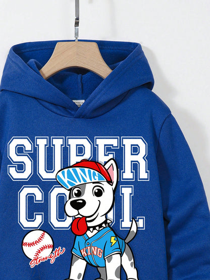 Young Boy Casual Minimalist Letter & Cartoon Puppy Print Warm Thick Long Sleeve Knitted Sweatshirt, Suitable For Autumn/Winter
