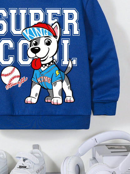 Young Boy Casual Minimalist Letter & Cartoon Puppy Print Warm Thick Long Sleeve Knitted Sweatshirt, Suitable For Autumn/Winter