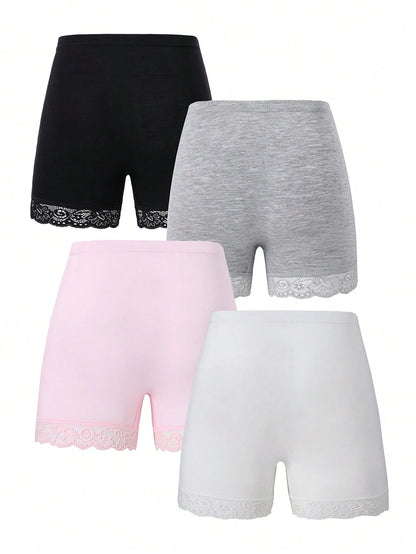 Young Girl 4pcs/Pack Lace Splice Solid Color Comfortable Boxer Briefs