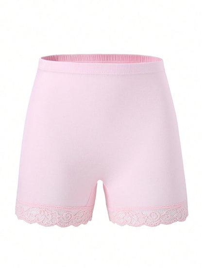 Young Girl 4pcs/Pack Lace Splice Solid Color Comfortable Boxer Briefs