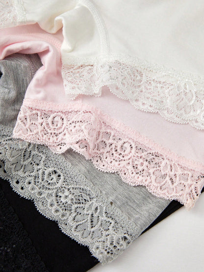 Young Girl 4pcs/Pack Lace Splice Solid Color Comfortable Boxer Briefs