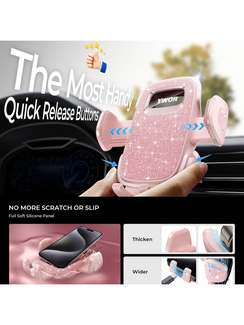 YWOR Pink Car Air Vent Phone Holder, Hands-Free Easy Clip Phone Mount, Compatible With Smartphones, Pink Car Accessory, Birthday Gift, Mother's Day Gift, Christmas Gift
