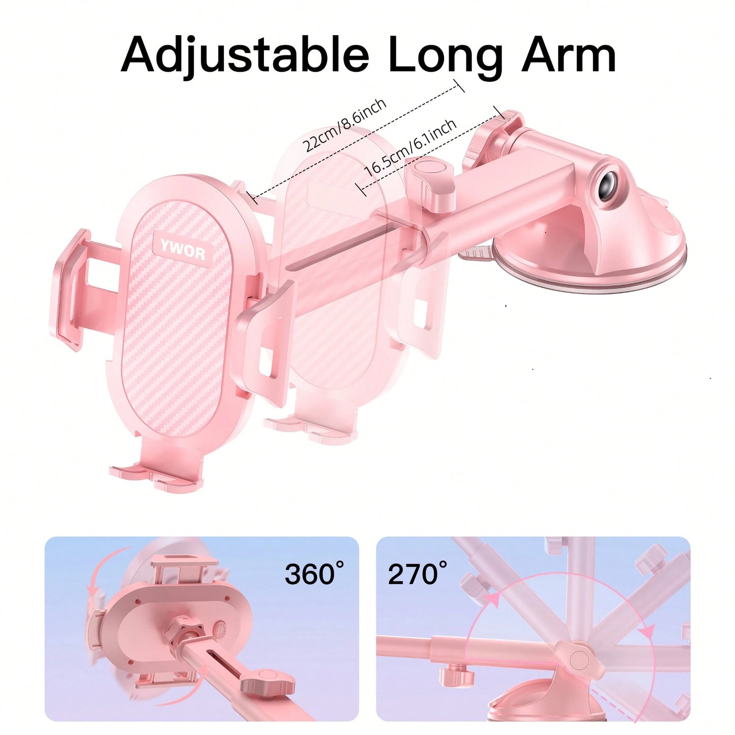 YWOR Pink Car Phone Holder, Telescopic Arm Suction Cup Mount, Compatible With 4-7 Inch Phones, Suitable For Cars, Pickups, Trucks, Etc., Great Gift, Birthday Gift, Christmas Gift, Halloween Gift, New