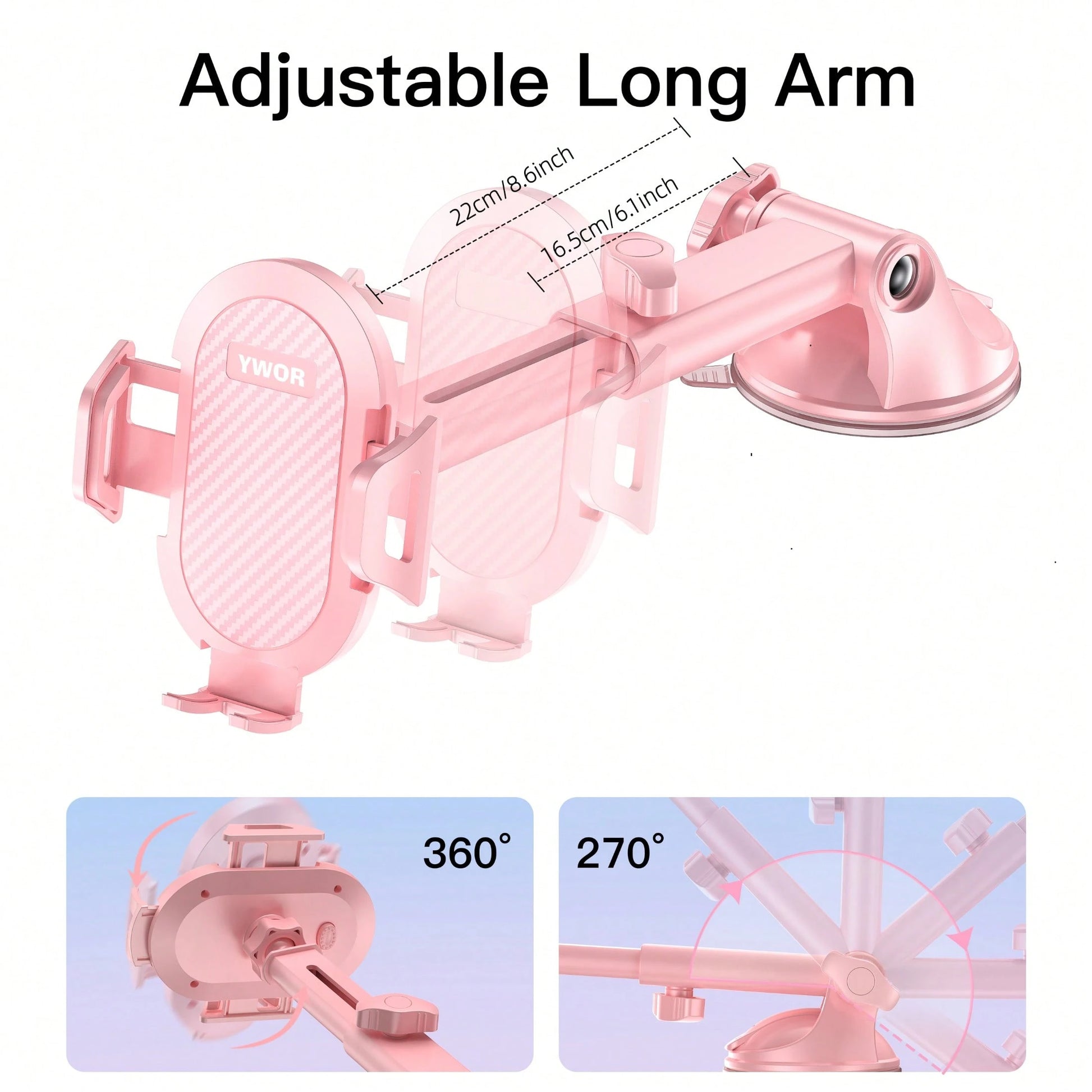 YWOR Pink Car Phone Holder, Telescopic Arm Suction Cup Mount, Compatible With 4-7 Inch Phones, Suitable For Cars, Pickups, Trucks, Etc., Great Gift, Birthday Gift, Christmas Gift, Halloween Gift, New