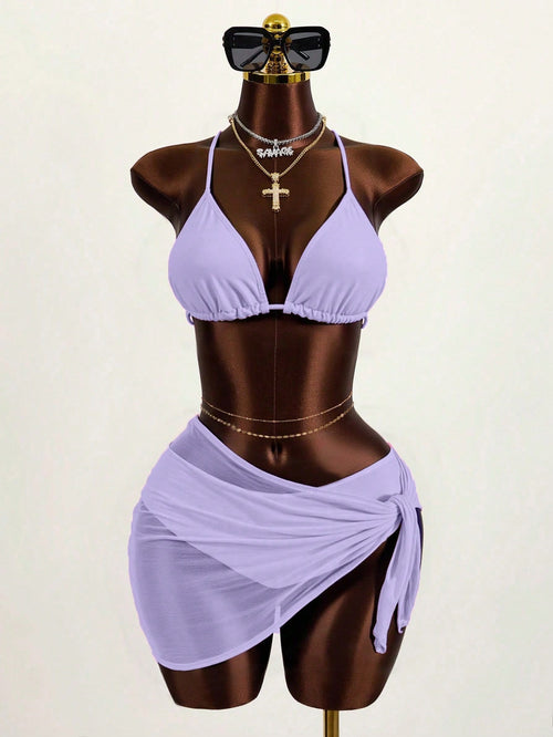 Zestiva 3pcs Set Solid Color Halter Strap Triangle Bikini Swimwear, Summer