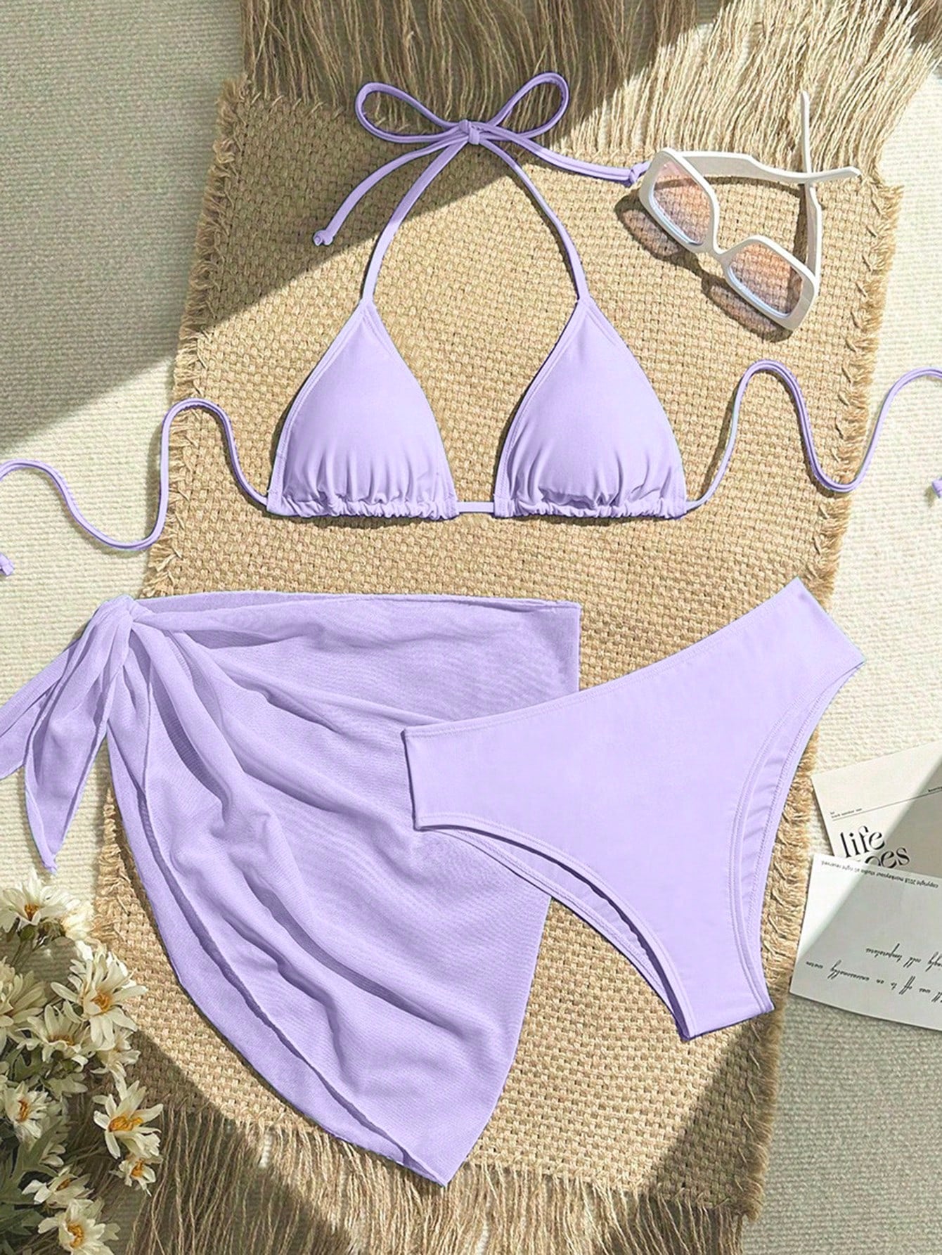 Zestiva 3pcs Set Solid Color Halter Strap Triangle Bikini Swimwear, Summer