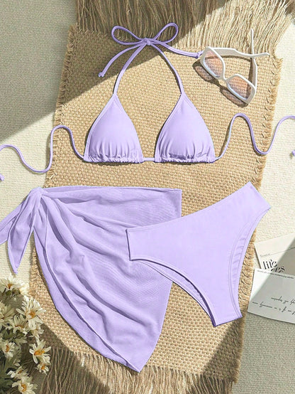 Zestiva 3pcs Set Solid Color Halter Strap Triangle Bikini Swimwear, Summer
