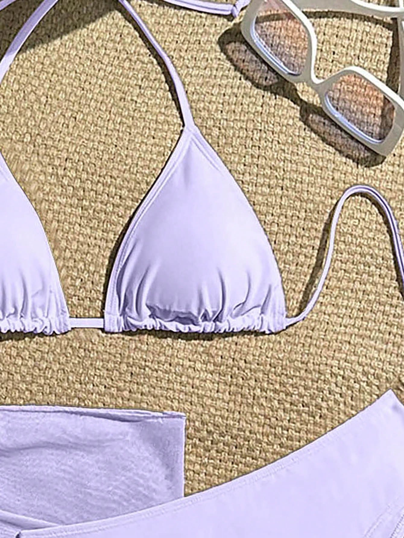 Zestiva 3pcs Set Solid Color Halter Strap Triangle Bikini Swimwear, Summer