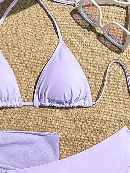 Zestiva 3pcs Set Solid Color Halter Strap Triangle Bikini Swimwear, Summer