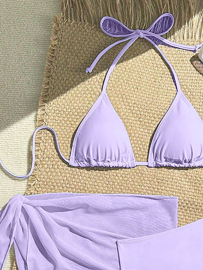 Zestiva 3pcs Set Solid Color Halter Strap Triangle Bikini Swimwear, Summer