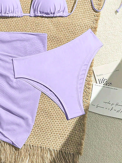 Zestiva 3pcs Set Solid Color Halter Strap Triangle Bikini Swimwear, Summer