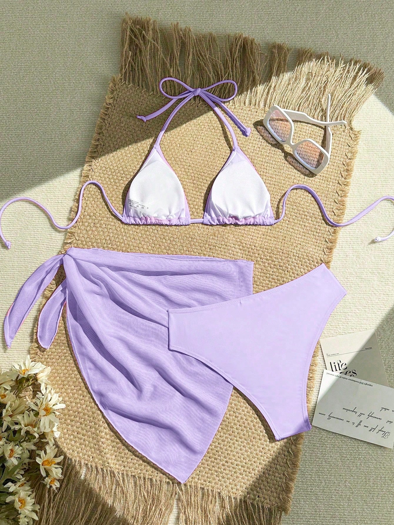 Zestiva 3pcs Set Solid Color Halter Strap Triangle Bikini Swimwear, Summer