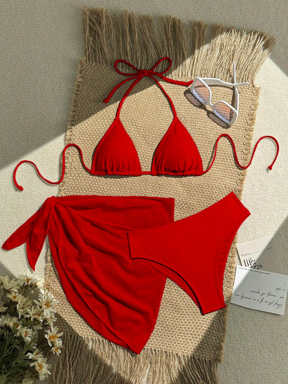 Zestiva 3pcs Set Solid Color Halter Strap Triangle Bikini Swimwear, Summer