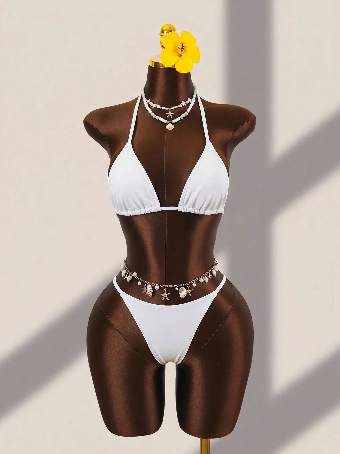 Zestiva Women's Summer Beach Party Solid Color Halter Tie Sexy Bikini Triangle Bottom Two-Piece Swimsuit Set With Dress White