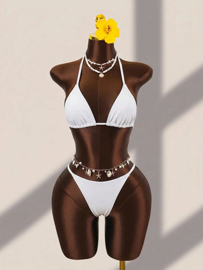 Zestiva Women's Summer Beach Party Solid Color Halter Tie Sexy Bikini Triangle Bottom Two-Piece Swimsuit Set With Dress White