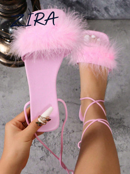 Zira Women's Flat Fur Shoes, Party Shoes, Roman Strappy Flat Sandals, Wedding Shoes, Fairy Style Elegant Cross Strap Sandals