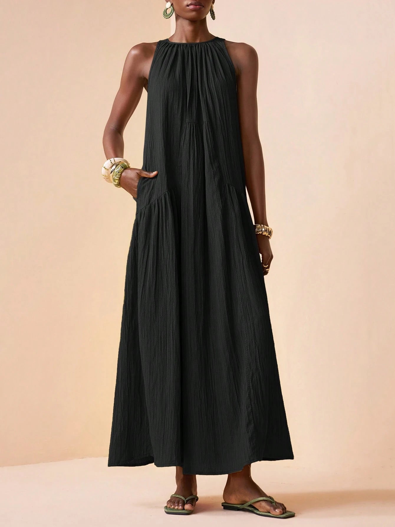 Zivah 2026 Spring New Mediterranean Vacation Style Music Festival Easter Solid Color Round Neck Slant Pocket Casual Sleeveless Dress