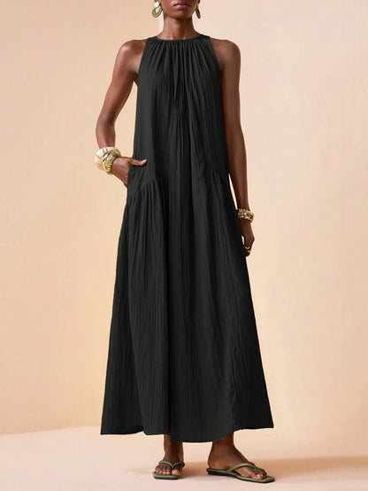 Zivah 2026 Spring New Mediterranean Vacation Style Music Festival Easter Solid Color Round Neck Slant Pocket Casual Sleeveless Dress