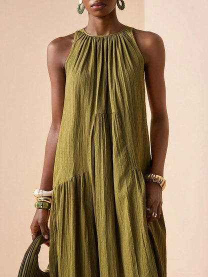 Zivah 2026 Spring New Mediterranean Vacation Style Music Festival Easter Solid Color Round Neck Slant Pocket Casual Sleeveless Dress
