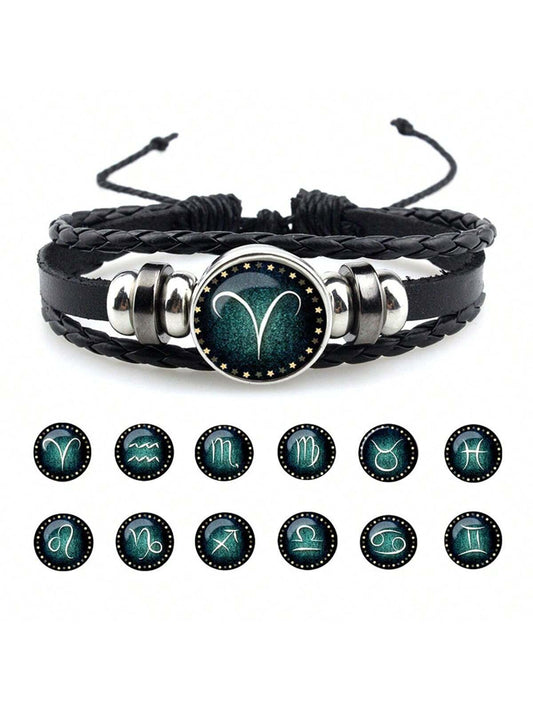 Zodiac Sign Synthetic Gemstone Bracelet, Beaded Rope & PU Leather 12 Constellations Braided Bracelet